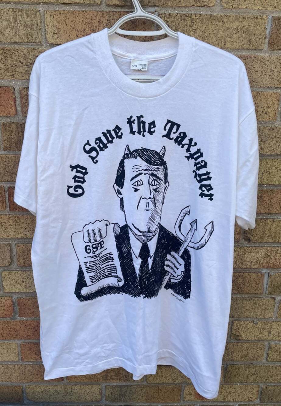 Vintage 1990 Fruit of the Loom Graphic T Shirt XL 'God Save the Taxpayer' White